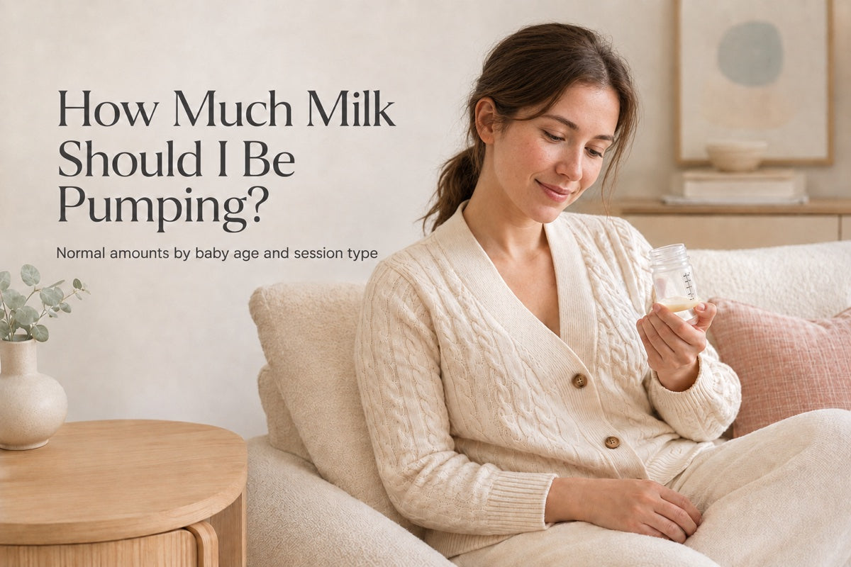 Mum sitting comfortably at home with breast pump — how much milk should I be pumping guide