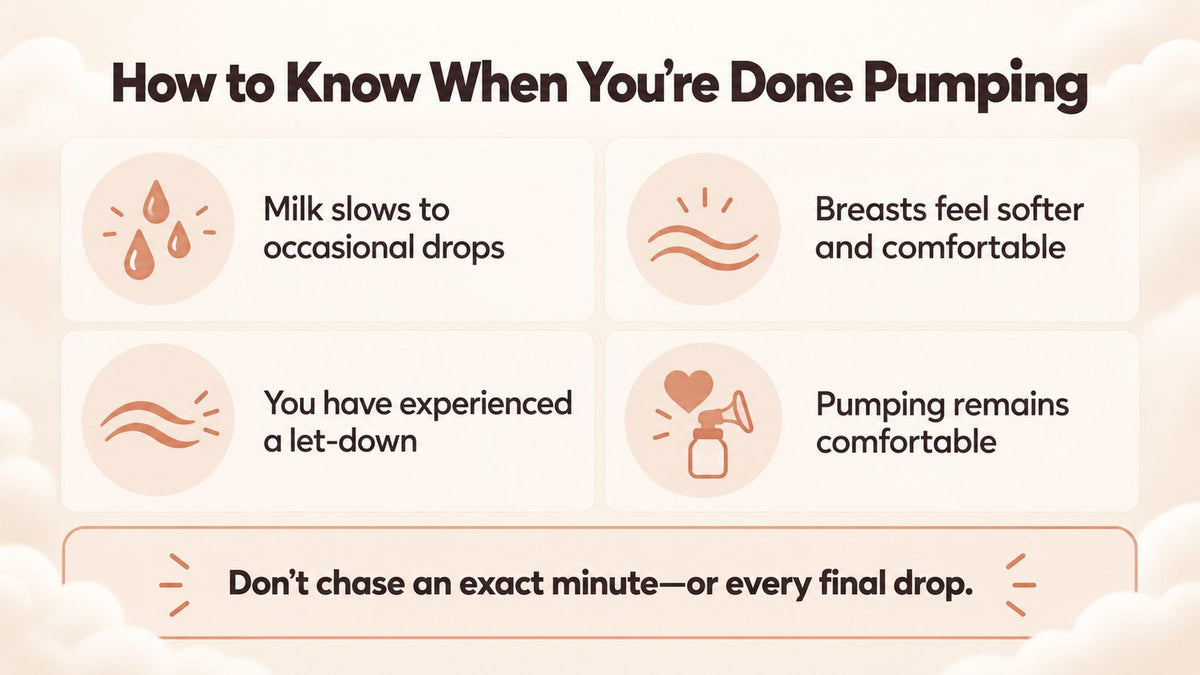 Infographic showing four signs you have pumped long enough — milk slows to drops, breasts feel softer, let-down experienced, pumping remains comfortable