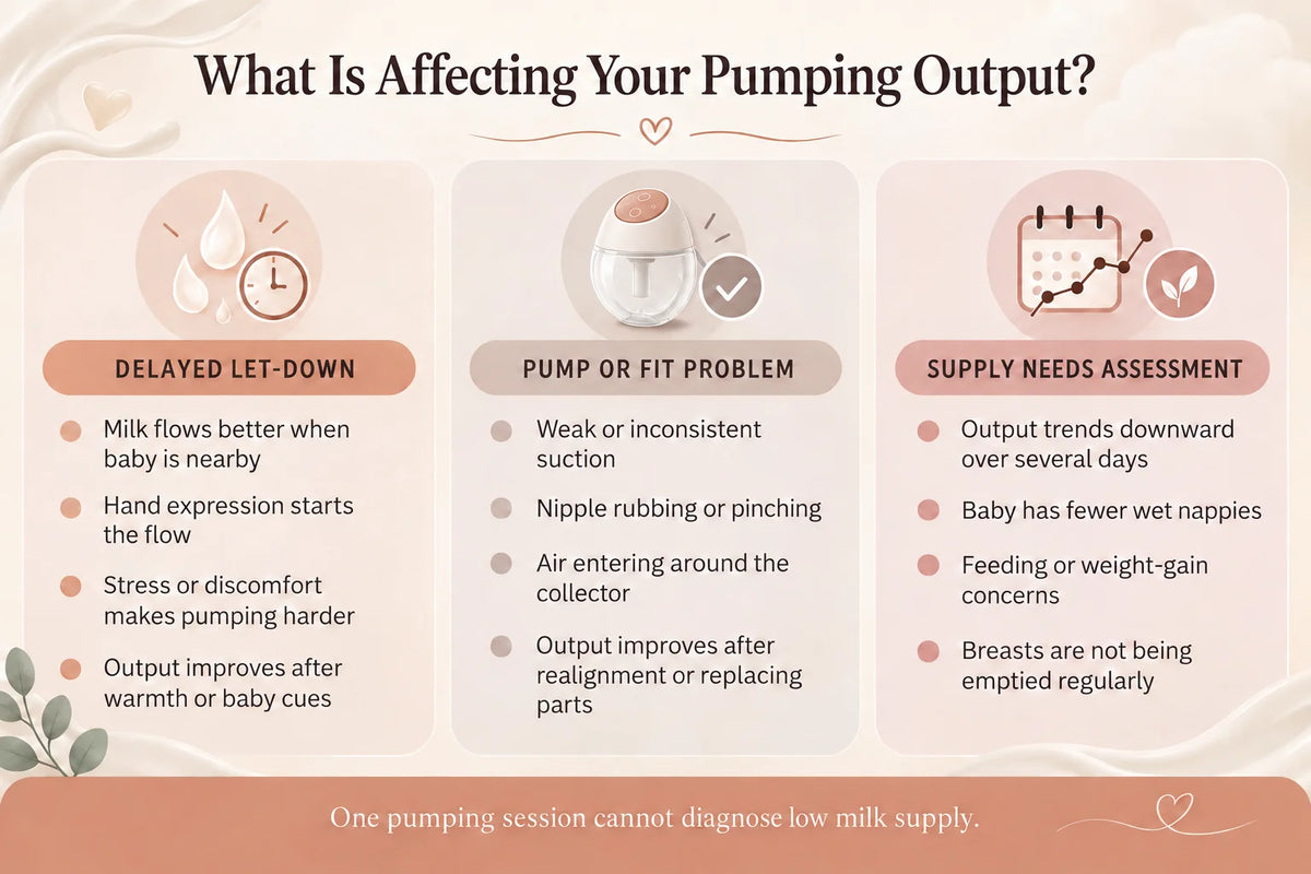 Infographic comparing three causes of low pumping output: delayed let-down response, pump or fit problem, and supply needing clinical assessment — with signs for each
