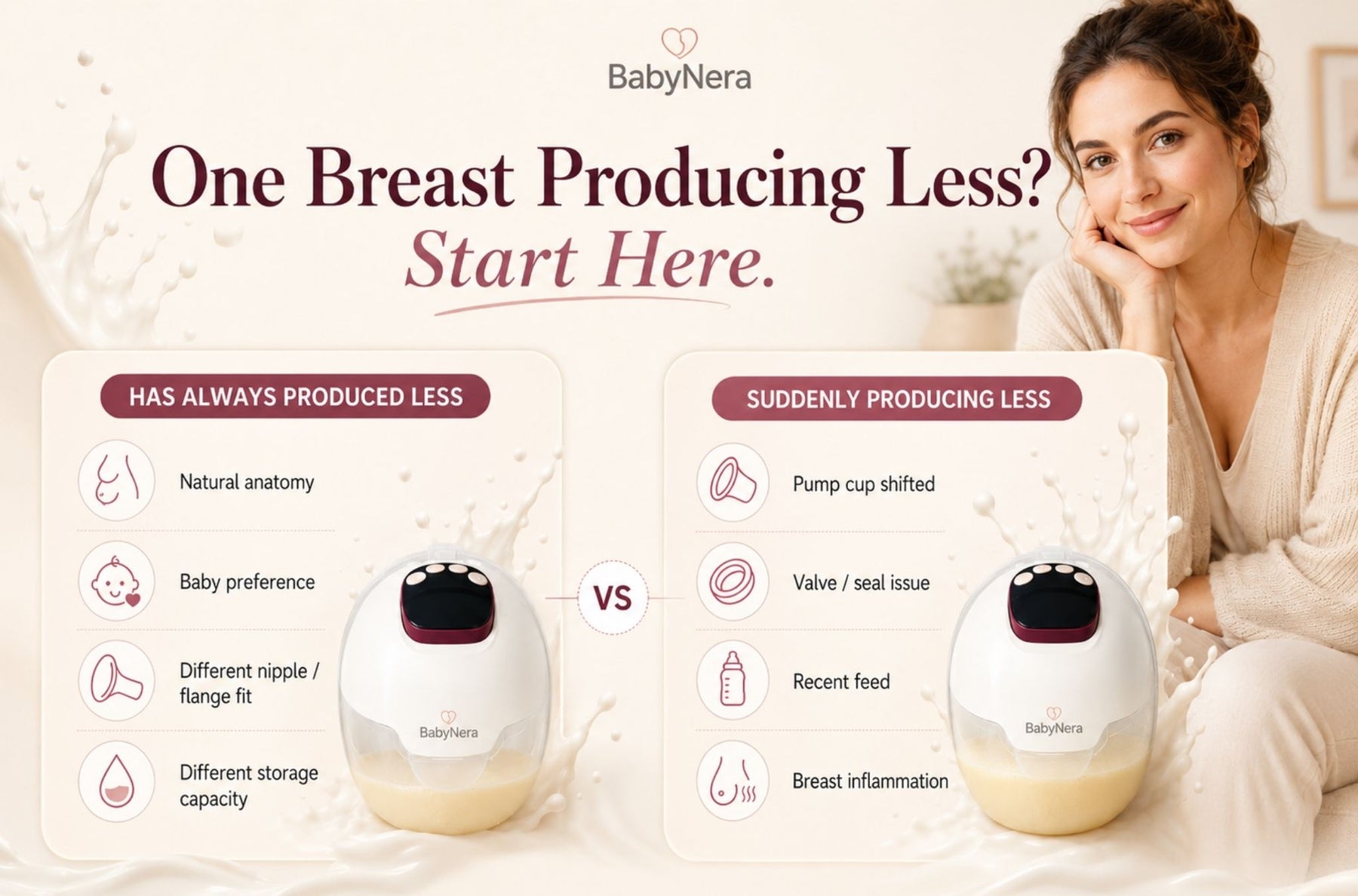 One breast producing less milk when pumping infographic showing common causes of long-term versus sudden uneven milk output.