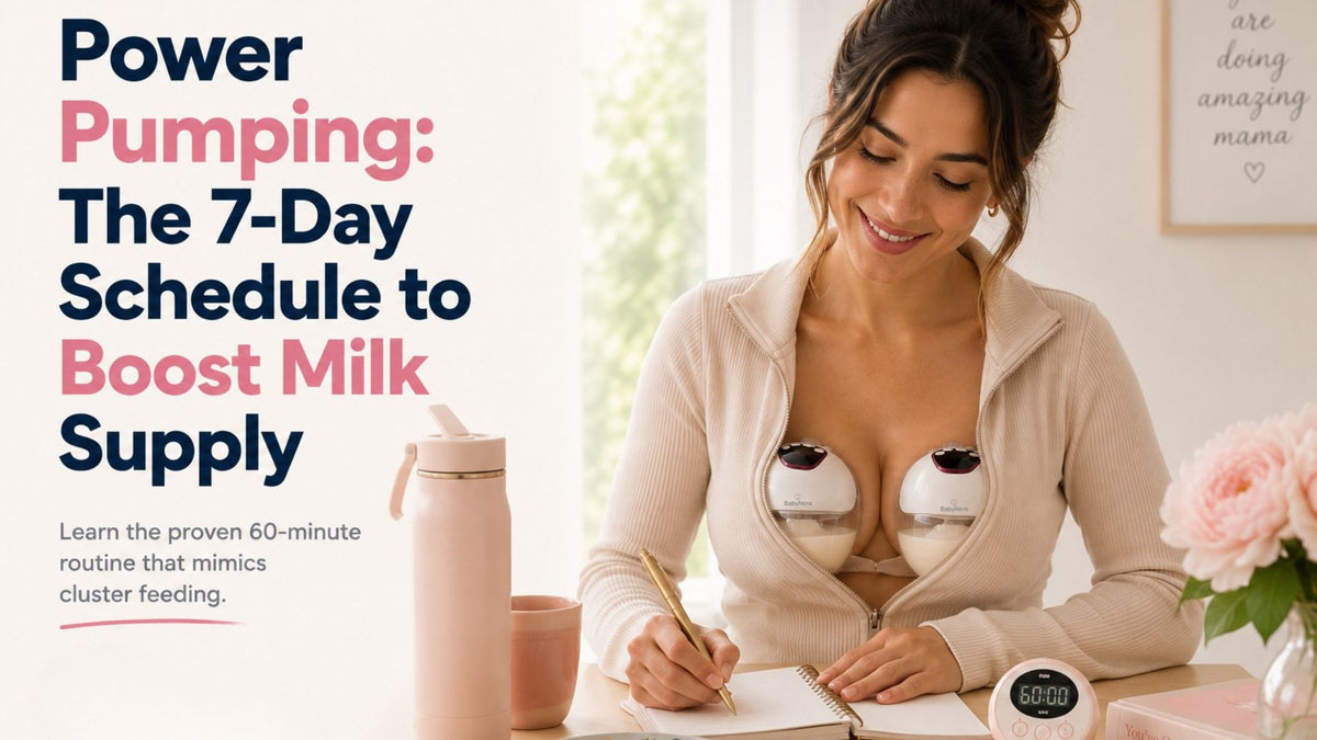 Mum using BabyNera wearable breast pump hands-free while writing notes — power pumping 7-day schedule to boost milk supply