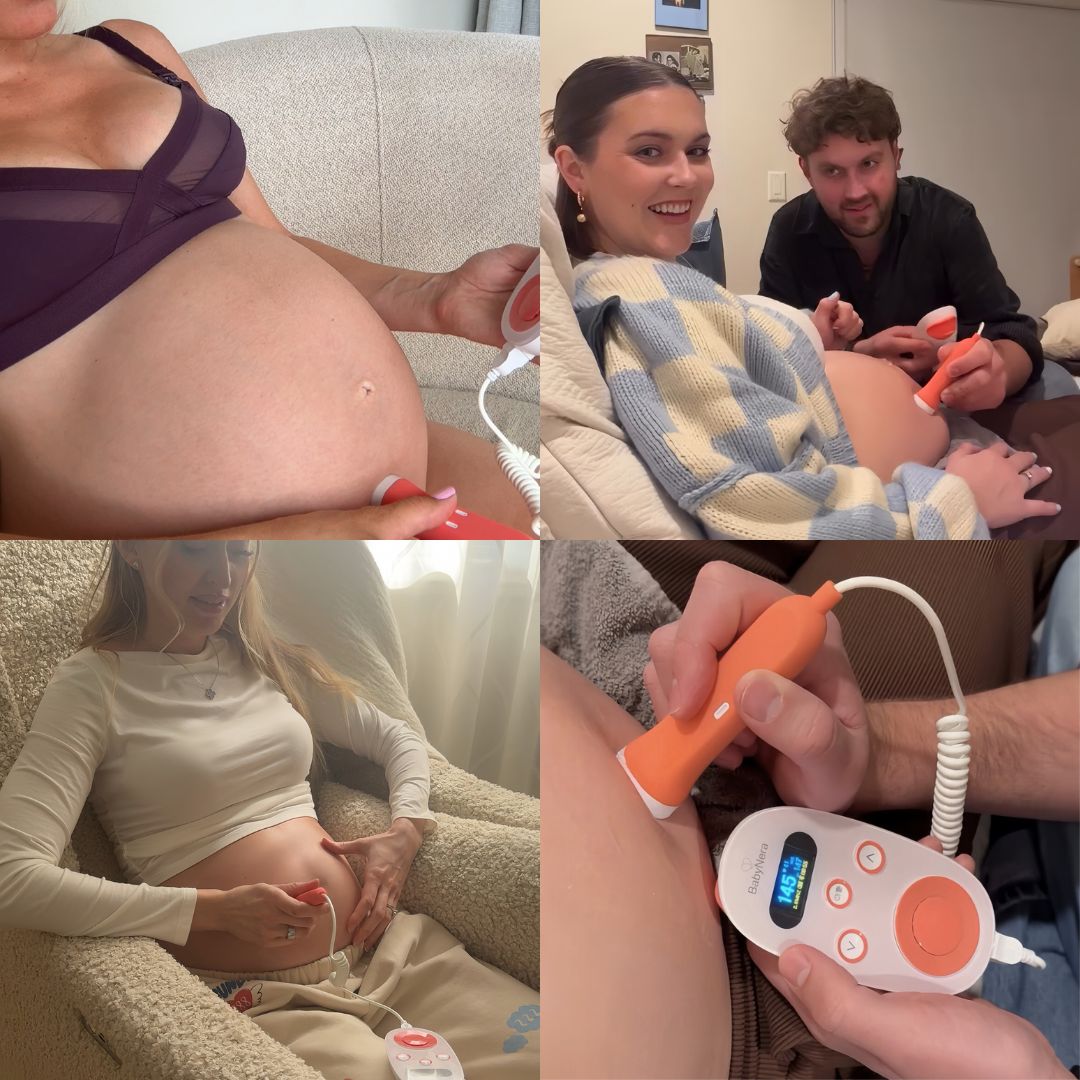 pregnant mom using best fetal doppler BabyNera at home to listen to baby heartbeat