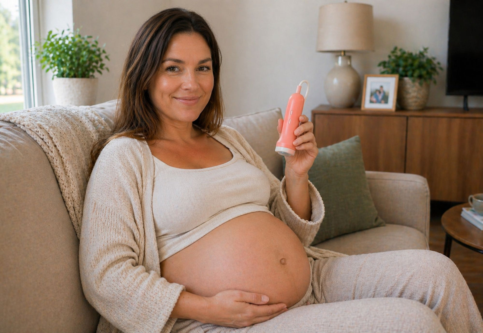 pregnant mom using babynera 2mhz probe fetal doppler at home to check baby heartbeat