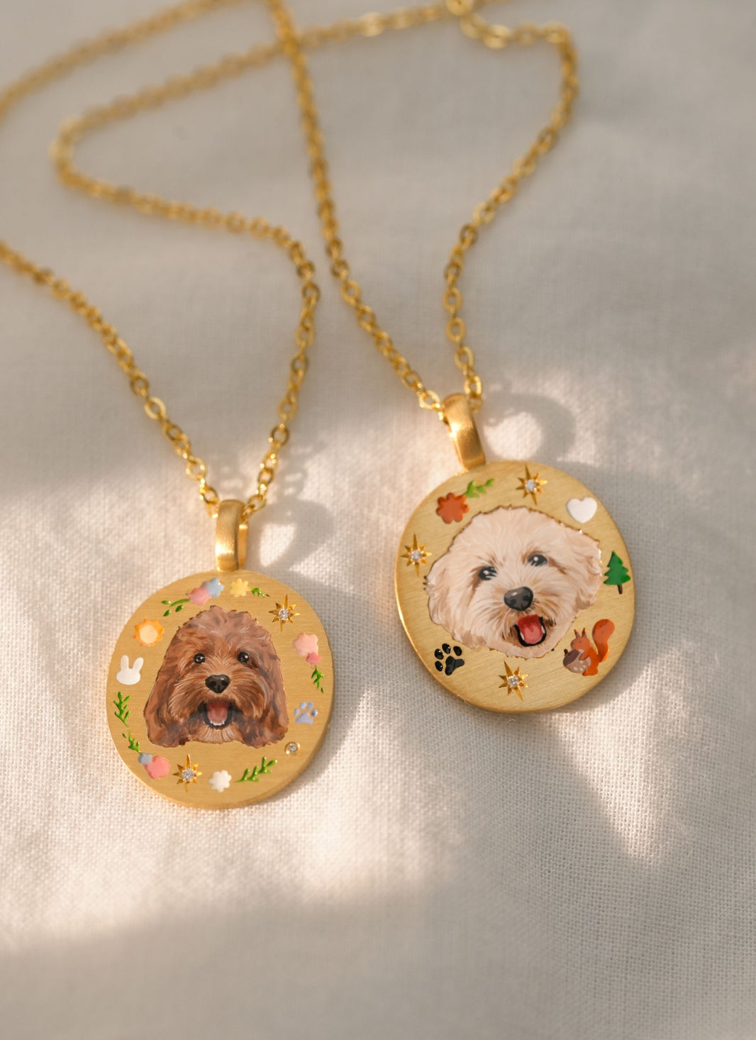 Hand-painted pet memorial necklace with custom dog and cat portrait options, featuring personalized engraving and premium craftsmanship