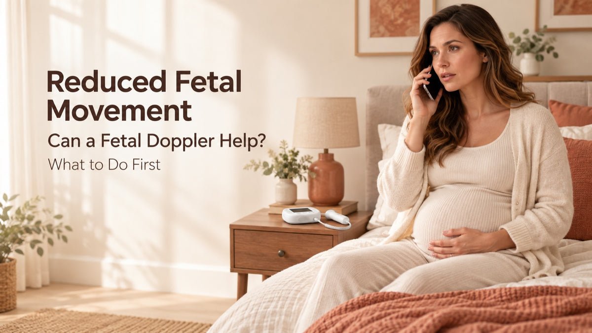 Pregnant woman in a nursery calling her midwife about reduced fetal movement, fetal doppler resting on the side table