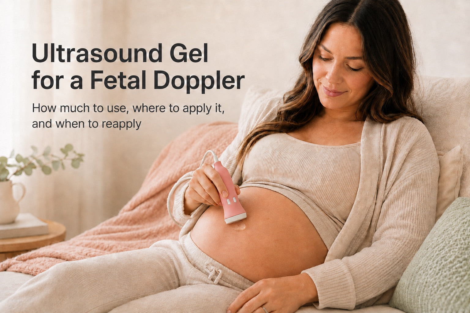 Pregnant woman reclining at home, using a pink fetal doppler with ultrasound gel applied to her bare belly