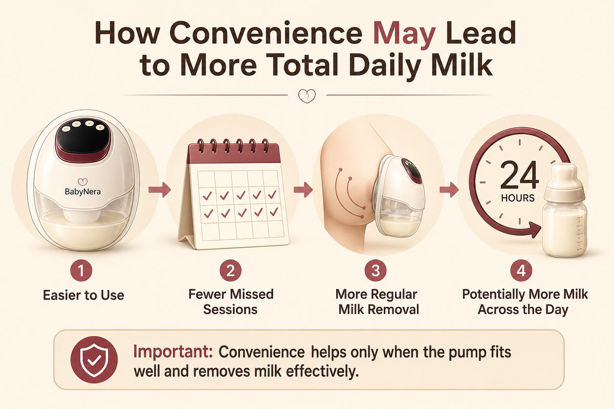 Infographic showing 4-step pathway from wearable pump convenience to more total daily milk: easier to use leads to fewer missed sessions, more regular milk removal, and potentially more milk across the day — but only when the pump fits well and removes milk effectively