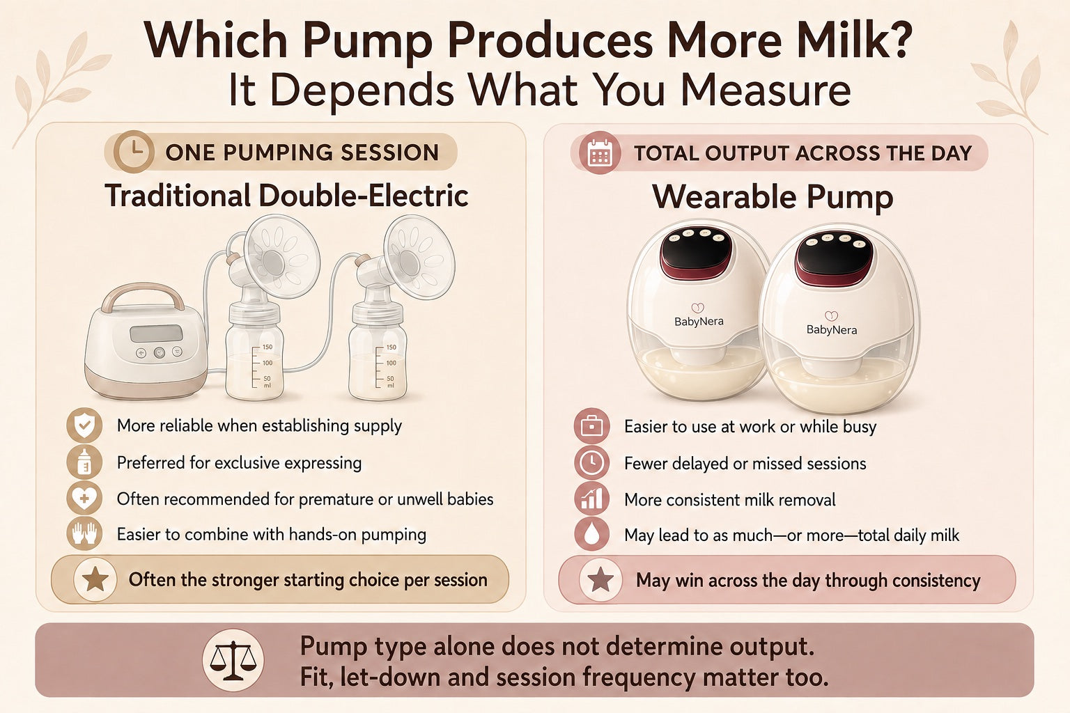 Infographic comparing wearable vs traditional breast pump milk output — traditional double-electric is often the recommended starting choice per session; wearable pump may produce as much or more total daily milk through fewer missed sessions
