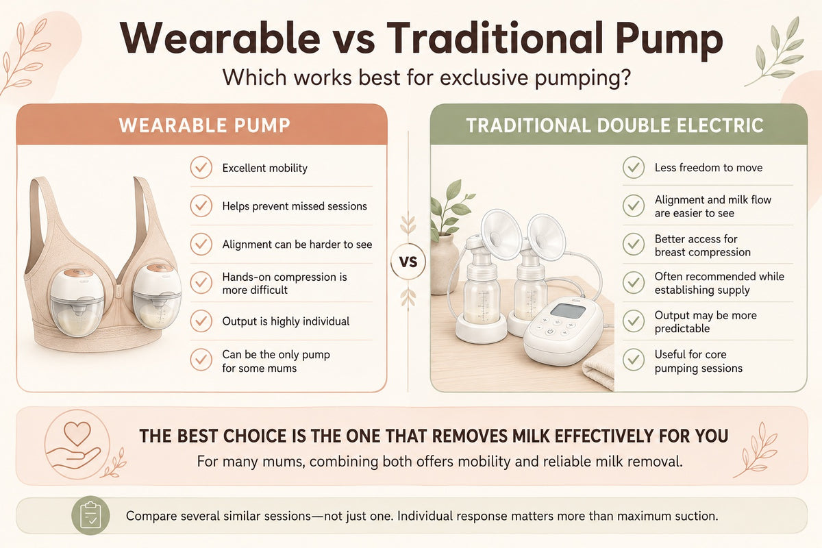 Infographic: Wearable vs Traditional Double Electric Pump for exclusive pumping — pros and cons of each. Wearable: excellent mobility, helps prevent missed sessions, alignment harder to see, hands-on compression more difficult. Traditional: alignment and milk flow easier to see, better for breast compression, often recommended while establishing supply.